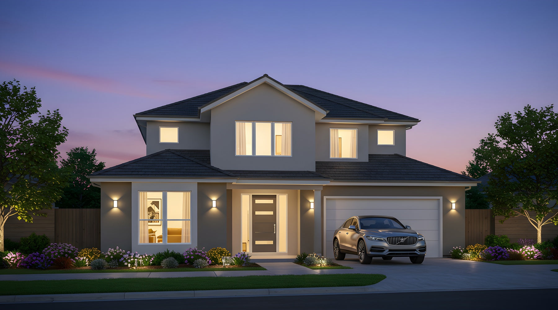 The exterior of a two-story home with wall-mounted and landscape lights, planted flowers, and a car parked in the driveway.
