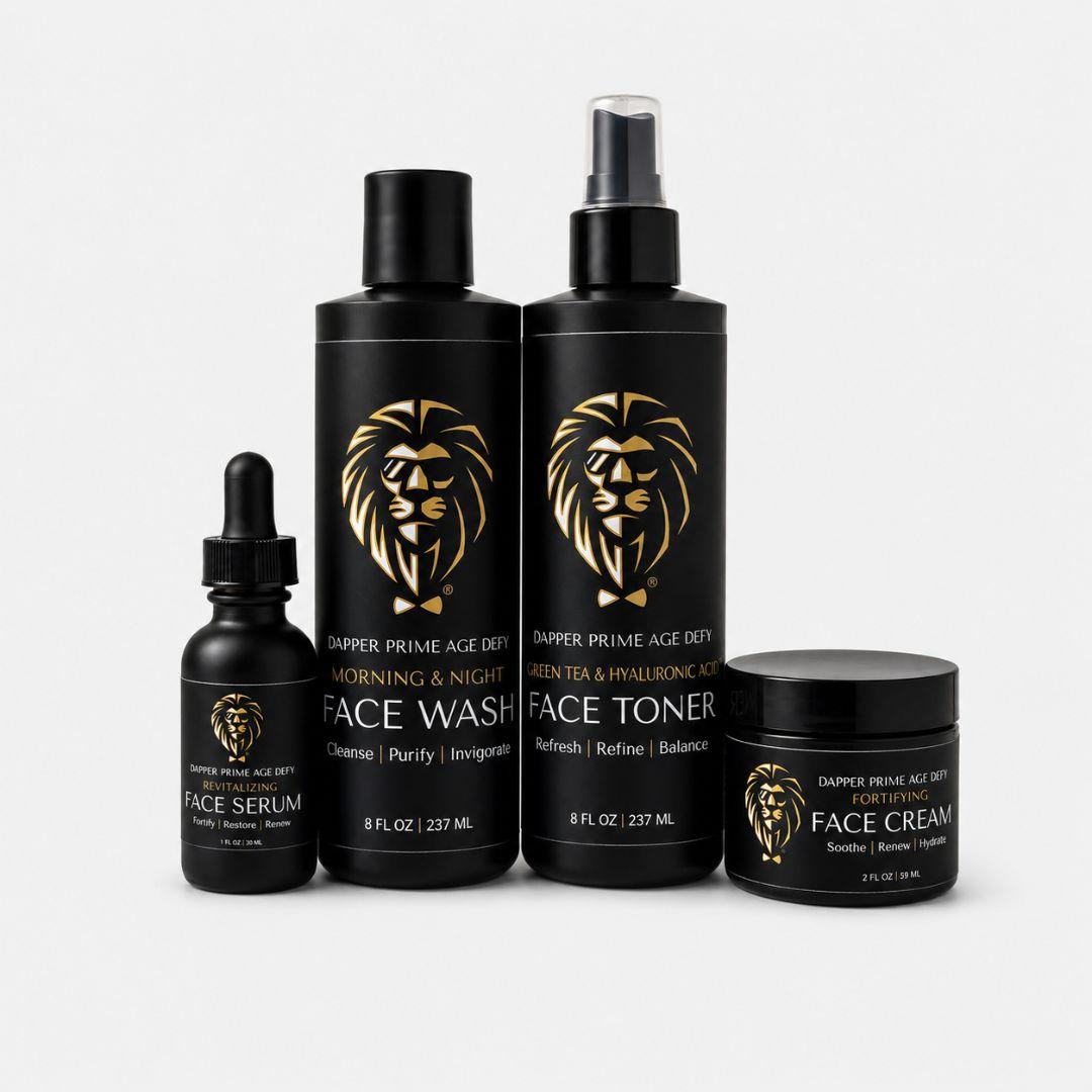 Four black Dapper Prime skincare bottles and jars with gold lion logos on a light gray background. The products include face serum, face wash, face toner, and face cream from Dapper Prime Age Def.
