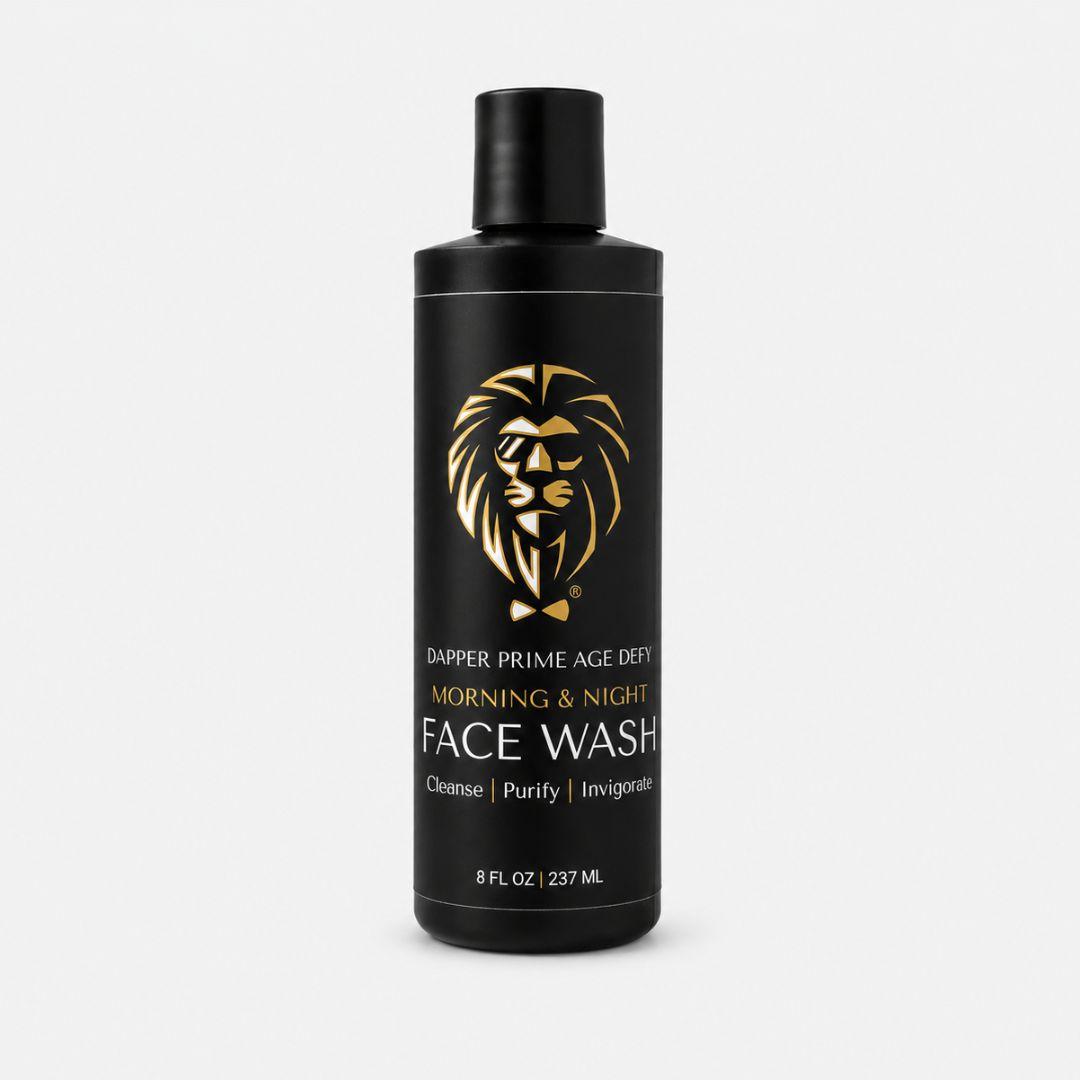 A black bottle of Dapper Prime Age Defy Morning & Night Face Wash with a gold lion logo, set against a light gray background.