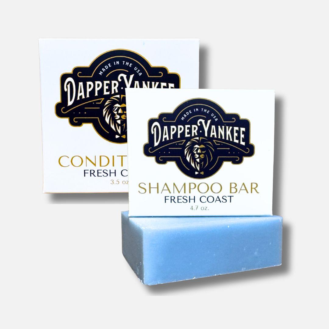 Dapper Yankee Fresh Coast shampoo and conditioner bar with packaging on a white background