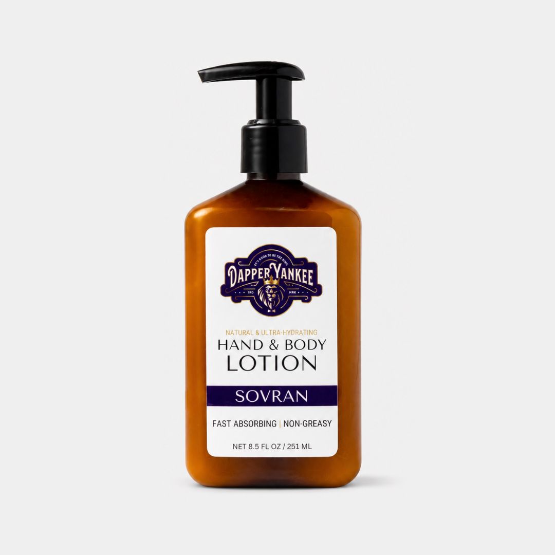 A 251 ml amber bottle of Dapper Yankee Hand & Body Lotion in the 'Sovran' scent, featuring a black pump dispenser and a white label with purple accents, set against a light gray background.