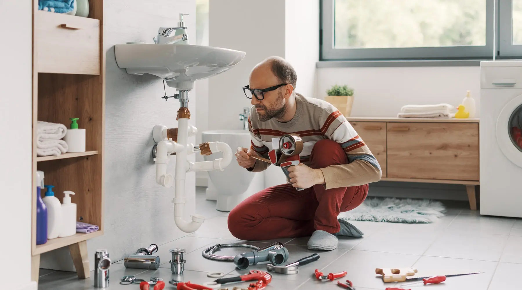 A man kneels on the ground in the bathroom, surrounded by tools. He covers problem areas on a sink with tape.