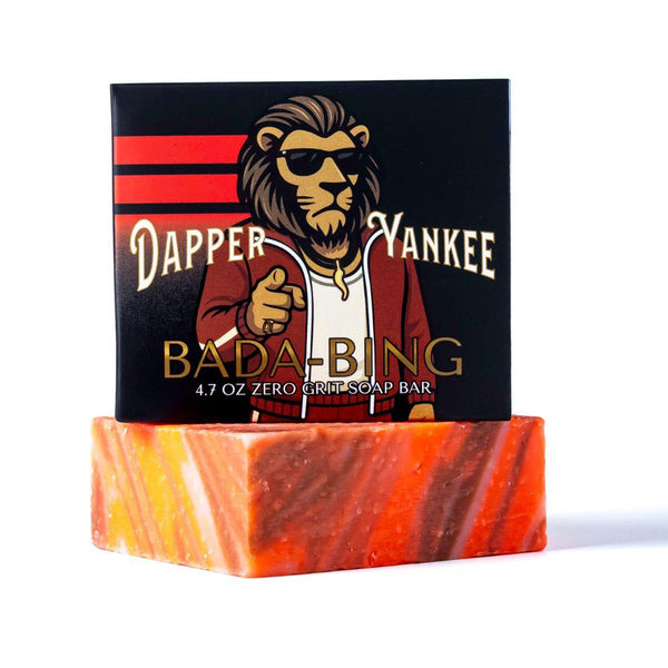 Bada-Bing bar soap by Dapper Yankee featuring a bergamot scent, elegantly designed in a vibrant yellow bar.