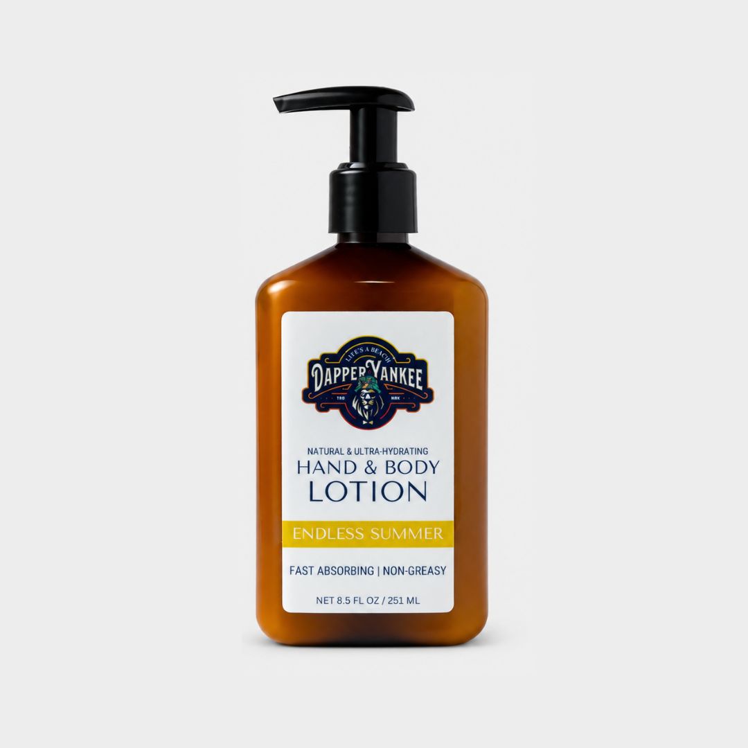 Dapper Yankee Endless Summer Hand & Body Lotion in an amber brown pump bottle with a black dispenser and a white label, set against a light gray background.