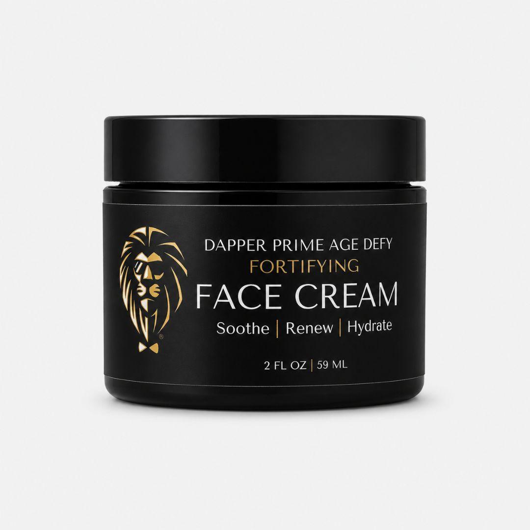 A black jar of Dapper Prime Age Defy Fortifying Face Cream with gold and white text and a gold lion graphic, set against a light gray background.