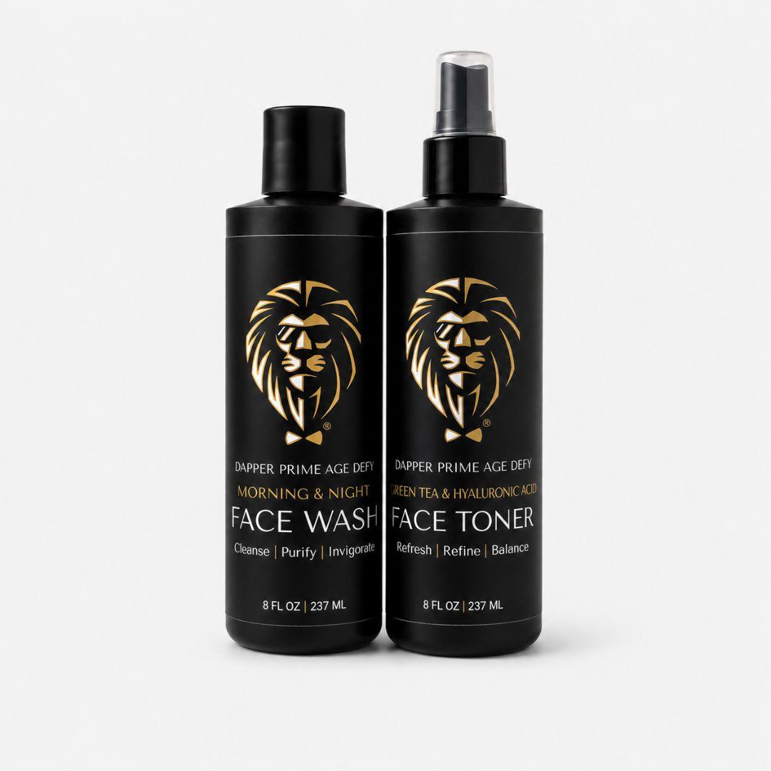 Two black cosmetic bottles with gold lion logos on a light gray background: a Face Wash bottle and a Face Toner spray bottle.