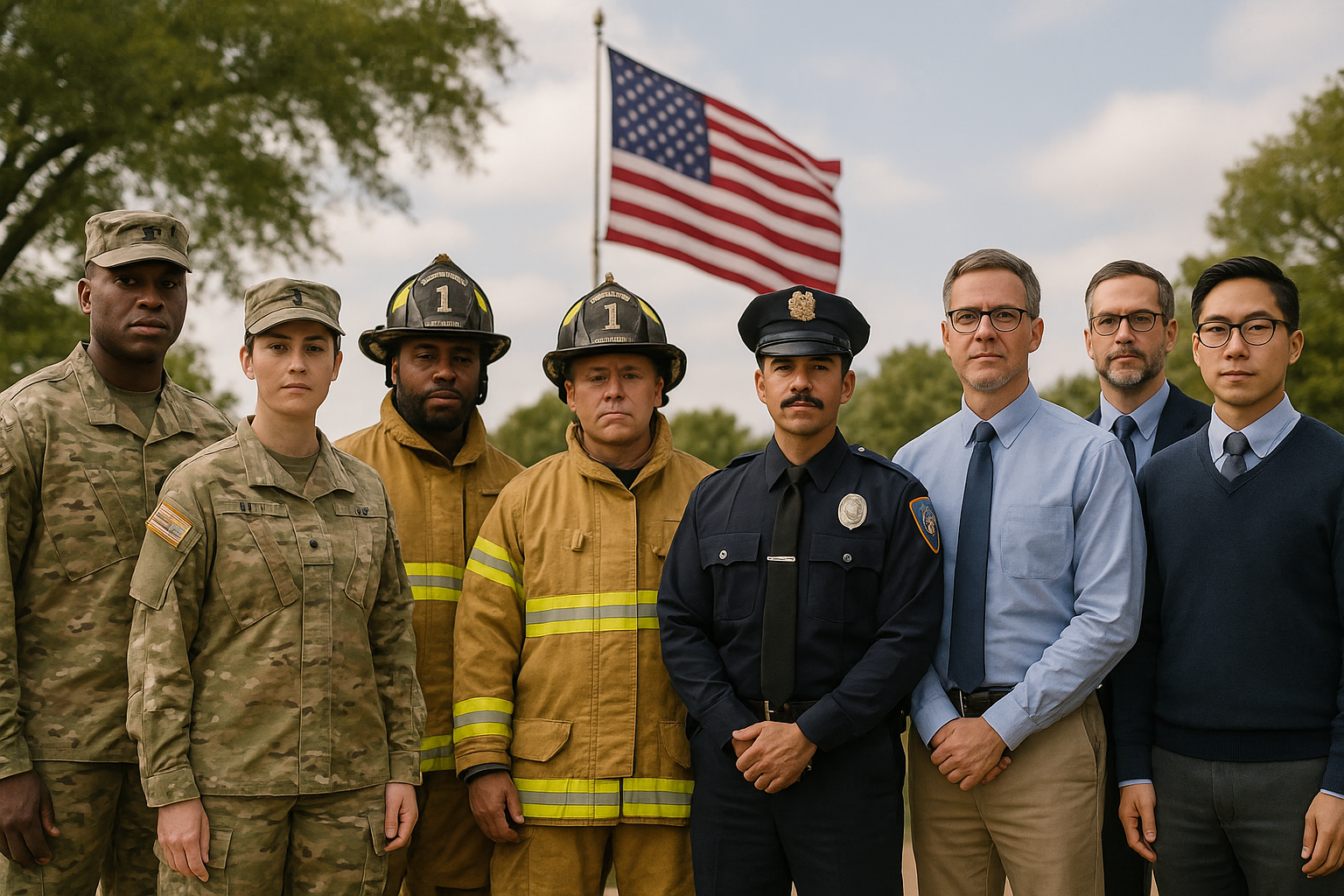 image of U.S. soldiers, first responders, and male teachers