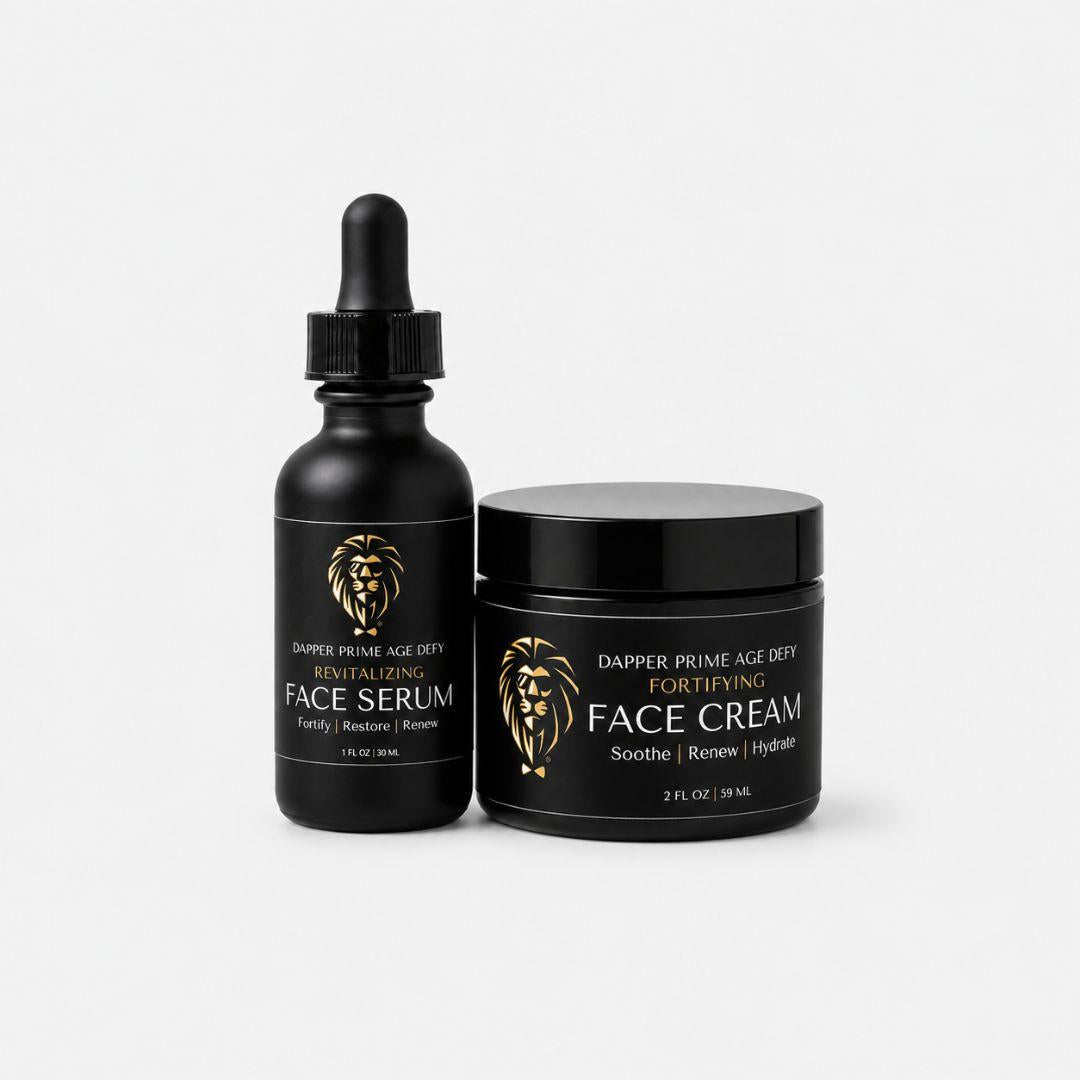 A black face serum dropper bottle and a matching black face cream jar with gold lion logos and white text, shown on a clean light gray background.