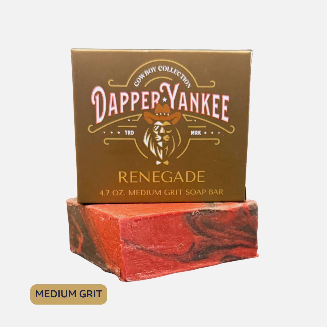 Dapper Yankee Renegade soap bar with packaging on a white background