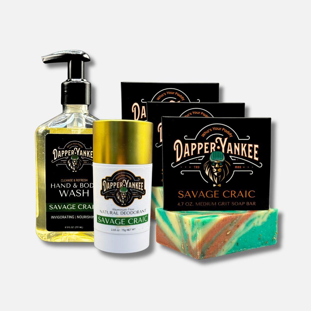 Dapper Yankee grooming products including hand and body wash, deodorant, and soap bars on a white background.
