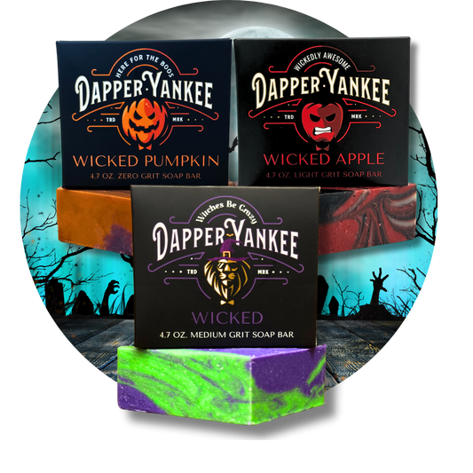 Wicked Collection 3-Pack Soap Set featuring Halloween designs: wicked apple, wicked pumpkin, and wicked from Dapper Yankee
